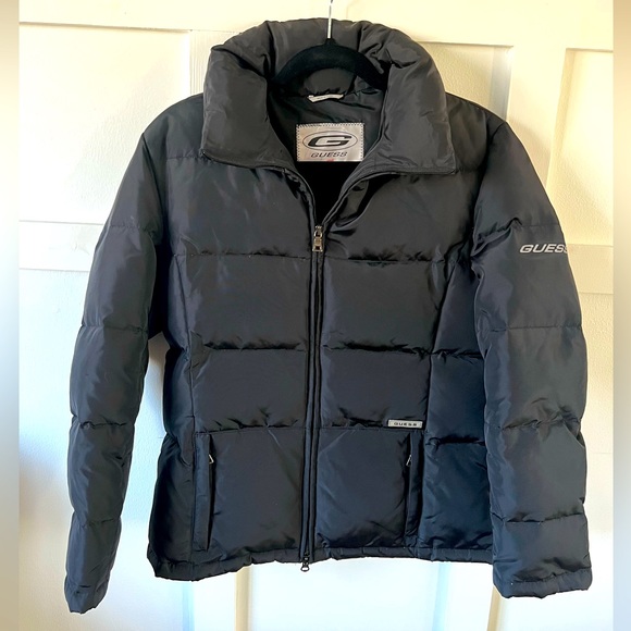 EUC Vintage Guess down puffer coat women’s small black zip up jacket unisex top - Picture 3 of 16